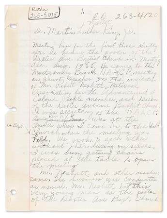 (CIVIL RIGHTS.) [Rosa Parks.] Her hand-written recollection of her first meeting with Martin Luther King Jr.